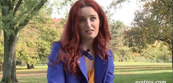  Amateur Babe With Long Legs and red hair fucks a huge dildo